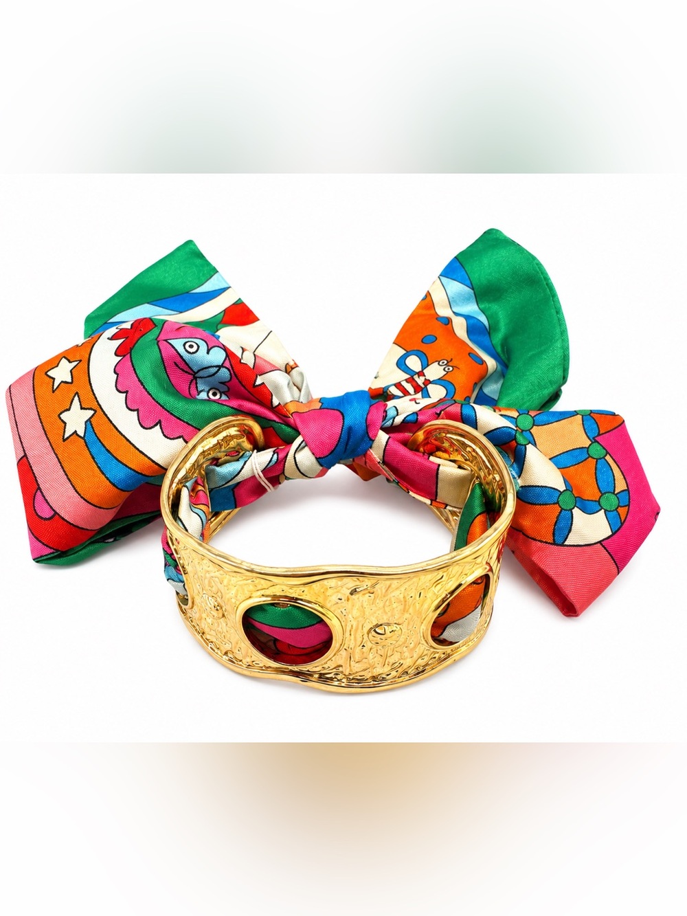 Gold Statement Cuff Bracelet with Multicolor Silk Bow
